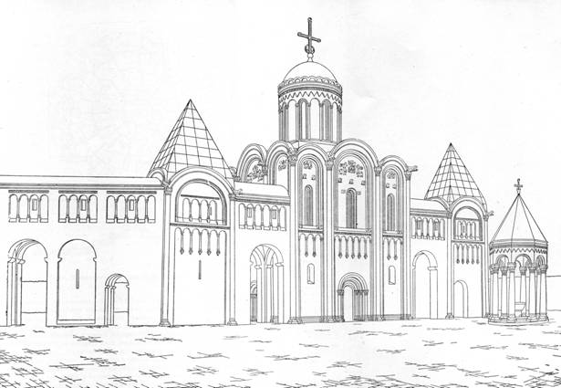 Комплекс зданий вокруг церкви Рождества Богородицы в XII веке. Реконструкция Н.Н.Воронина (вариант).
