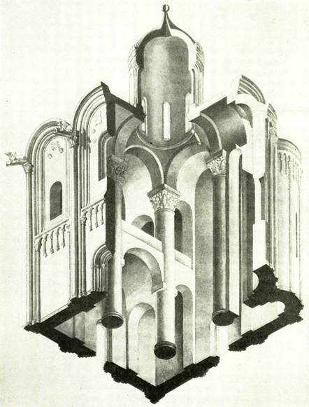 The original view of the Church of the Nativity of the virgin. Reconstruction N.N. Voronin.