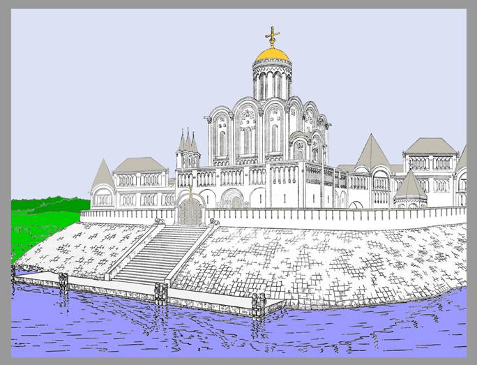 Первоначальный вид церкви Покрова и Покровского монастыря на Нерли. Реконструкция автора. Условно-цветной вариант.