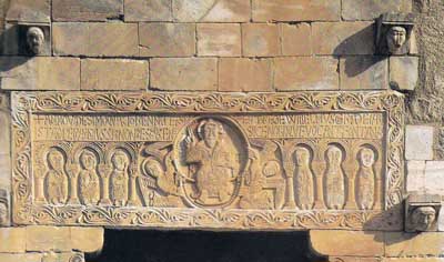 A fragment of decoration of the Church Saint-Genis in Saint-Genis de Fontaine (St-Genis des Fontaines), the Department for the Eastern Pyrenees-Orientales, France.