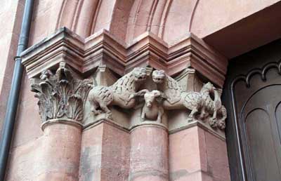 A fragment of decoration of the portal of the Cathedral in Mainz, Mainz, Germany.