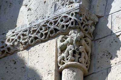 A fragment of decoration of the Church of St. Peter in Ohe de Saintonge (Aulnay de Saintonge), the Department of Charente Maritime (Charente-Maritime), France.