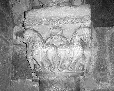 The capital of the pillar of the Church of San Michele in Pavia (Pavia), Italy.