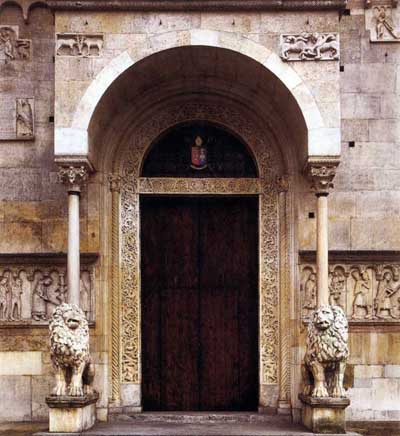 The portal of the Cathedral in Modena (Modena), Italy.