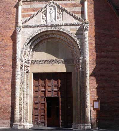 The portal of the Church of San Pietro in Ciel d'oro in Pavia (Pavia), Italy.