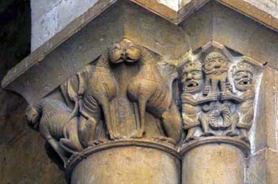 A fragment of decoration of the Church of St. Peter in Ohe de Saintonge (Aulnay de Saintonge), the Department of Charente Maritime (Charente-Maritime), France.