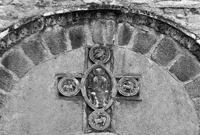 A fragment of decoration of the Church of Santa Maria de Vallespir in Arles-sur Teich (Arles-sur-Tech), Department of Eastern Pyrenees-Orientales, France.