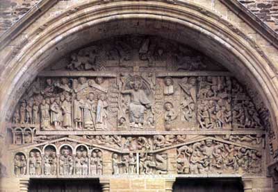 The tympanum of the portal of the Church in Conques-EN-Ruark (Conques-en-Rouergue), Department Aveyron (Aveyron), France.