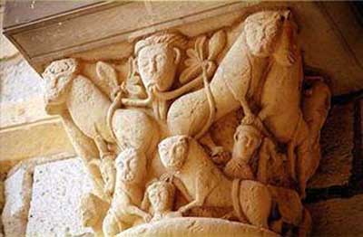 The capital of the column in the Church in Saint-Benoit-sur-Loire (Saint-Mademoiselle-sur-Loire), the Department of the Loire Loiret), France.