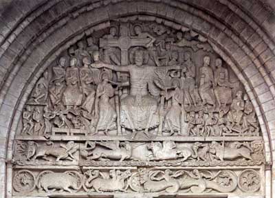 The tympanum of the portal of the Church in Beaulieu-sur-Dordogne (Beaulieu-sur-Dordogne), Department of Correze (Corrèze), France.