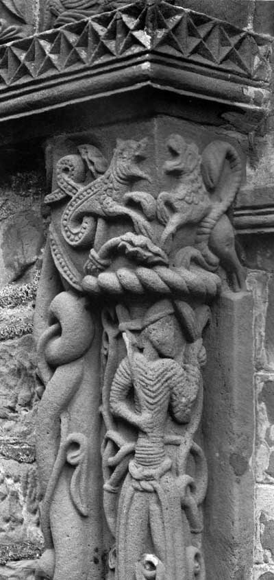 A fragment of decoration of the Church of St. Mary and David in Cilice (Kilpeck), Herefordshire (Why), England.