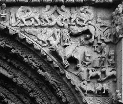 A fragment of decoration of the Church of Santa Maria La real in Sanguesa (Sanguesa), the region of Aragon (Aragon, Spain.