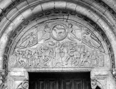 A fragment of decoration of the Church of San Isidoro in Puerta de Cordero (Puerta del Cordero, province of Leon (León), Castile and Leon (Castilla y Leon), Spain.