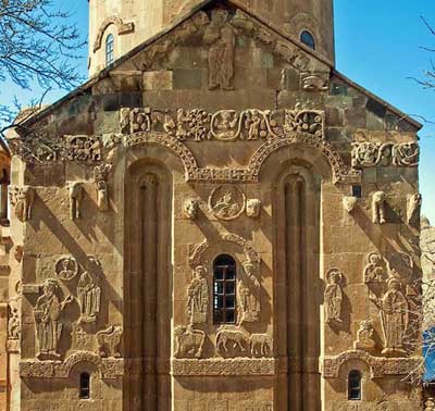 A fragment of decoration of a temple of the Holy cross on Akhtamar island, Armenia.