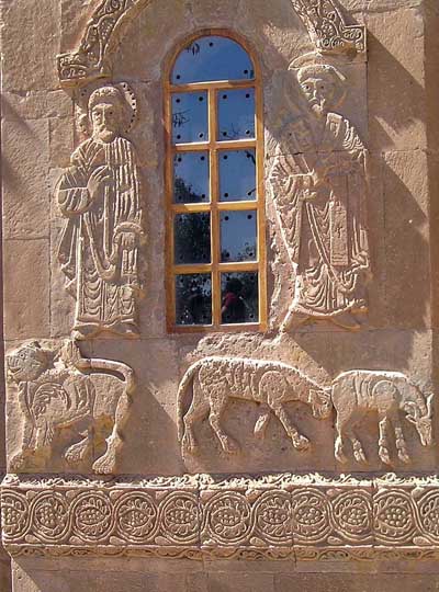 A fragment of decoration of a temple of the Holy cross on Akhtamar island, Armenia.