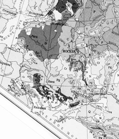 Fig. 4. Geological map of the European part of the former USSR.

The numbers on the map:
1 - Vladimir;
2 - Halych;
3 - "myachkovsky horizon" coal deposits;
4 - quarries near Staritsa;
5 - quarries in the area Myachkovo and Podolsk;
6 - quarries in the area Kasimov;
7 - quarries in the area of Kovrov.

Letters on the map:
Cenozoic group: Q - Quaternary system; N - Neogene; Pg - Paleogene; Tr - non tertiary system.
Mesozoic group: Cr - Cretaceous system; (J - Jurassic system; T - Triassic system.
Paleozoic group: P - Permian; 