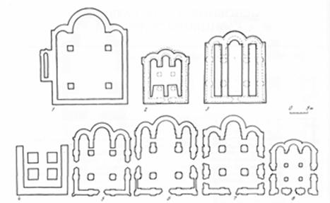 Plans Galician and Suzdal churches (Omiani):
1 - the Church of St. John in Przemysl;
2 - the Church in Zvenigorod;
3 - the Church of our Saviour in Galich;
4 - the Church on the "Winterised";
5 - Transfiguration Cathedral in Zvenigorod;
6 - the Church of Boris and Gleb in Kideksha;
7 - the Church of St. George in Vladimir;
8 - the Church of deposition of the robe on the Golden gate in Vladimir.
