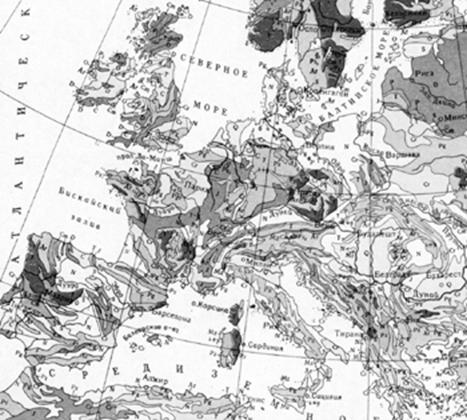 Geological map of Western Europe.

Letters on the map:
Cenozoic group: Q - Quaternary system; N - Neogene; Pg - Paleogene; Tr - non tertiary system.
Mesozoic group: Cr - Cretaceous system; (J - Jurassic system; T - Triassic system.
Paleozoic group: P - Permian; C - Cambrian system; Pz - upper Paleozoic system; (D - Devonian system; S - Silurian system; O - Ordovician system; Cm - Cambrian system.
Pt - Proterozoic.
Ar - archaea.
G - granitoid intrusions.

