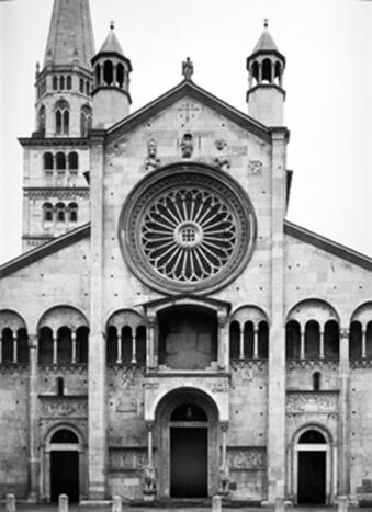 The facade of the Romanesque Cathedral in Modena.