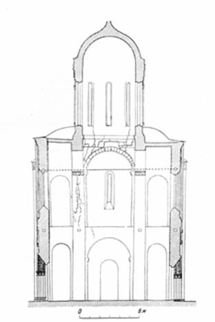 The status of the Dmitrievsky Cathedral before restoration in the mid-twentieth century (drawing AV Stoletov). Are the specific destruction of arches and pillars and walls up the difference because of their spreading out the drum.