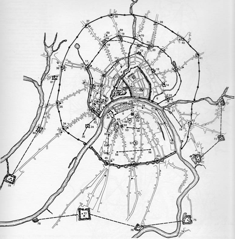 Diagram of the locations of the major ensembles of Moscow in the end of XVII century (drawing BTW, Kudryavtseva).
Figures marked: 1 Trinity Cathedral in the Trench; 2 - the bell tower of Ivan the Great; 3 - the Red square; 4 - Senegalensis bargaining; 5 - Zamoskvoretskaya bargaining; 6 - Vasilievsky garden; 7 - the Church of Sophia and the Tsaritsyn meadow (the Tsar's garden); monasteries: 8 - Alexis; 9 - Holy cross; 10 - Nikita; 11 - George; 12 - Varsonofievskiy; 13 - Zlatoust; 14 - Ivanovo; the gate of the White city: 15 - Prechistenskaya; 16 - Borisoglebskie (Arbat); 17 - Nikita; 18 - Tver; 19 - Peter; 20 - 