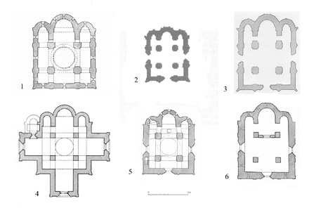 The plans of some four-column temples of North-Eastern Russia:

1 - Transfiguration Cathedral in Pereslavl-Zalessky;
2 - Church of the Intercession on the Nerl;
3 - Demetrius Cathedral in Vladimir;
4 - St. George's Cathedral in Yuryev-Polish;
5 - the assumption Cathedral "on the Town" in Zvenigorod;
6 - the virgin Nativity Cathedral of the Savvino-Storozhevsky monastery.
