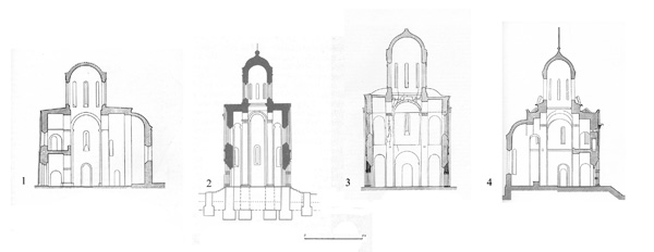 Incisions some four-column temples of North-Eastern Russia:

1 - Transfiguration Cathedral in Pereslavl-Zalessky;
2 - Church of the Intercession on the Nerl;
3 - Demetrius Cathedral in Vladimir;
4 - assumption Cathedral "on the Town" in Zvenigorod.
