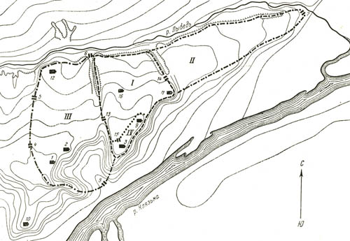 The plan of Vladimir XII-XIII century (by N.N. Voronin)
 The numbers on the plan identifies: I - the town of Monomakh (Picerni city); II - Vecanoi city; III - the New city; IV - the citadel; 1 - Church of the Saviour; 2 - the Church of St. George; 3 - the assumption Cathedral; 4 - the Golden gate; 5 - Originy gate; 6 - gates of Brass; 7 - Silver gate; 8 - Volga gate; 9 - Demetrius Cathedral; 10 - ascension monastery; 11 - Christmas monastery; 12 - Uspensky (the Princess) monastery; 13 - Trading gate; 14 - t gate; 15 - the gates of the citadel; 16 - the Church of the exaltation on Bargaining.
