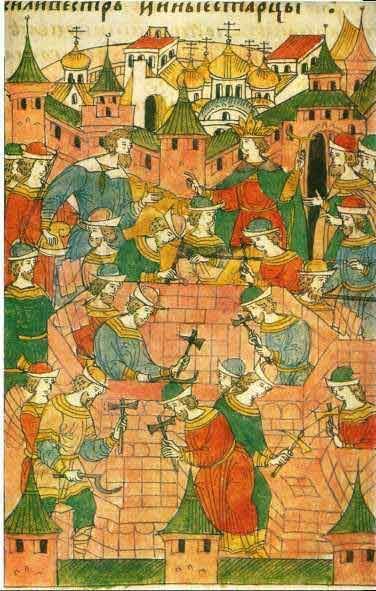 The construction of the Cathedral of intercession on the Moat. Miniature Facial Chronicles. 1560-1570-ies.