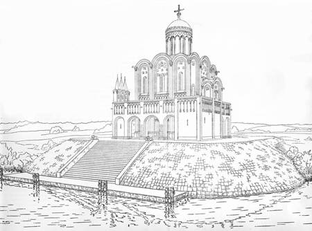 Вид храма Покрова на Нерли с гипотетическими открытыми галереями. Реконструкция Н.Н.Воронина.