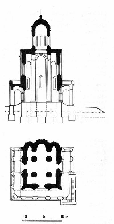 The incision and the plan of the Church of the Intercession on the Nerl with the foundations of the temple and hypothetical open galleries. 
Reconstruction Voronin.
