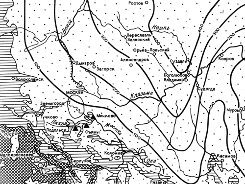 Map of the middle occurrence of deposits in the Central part of Russia.