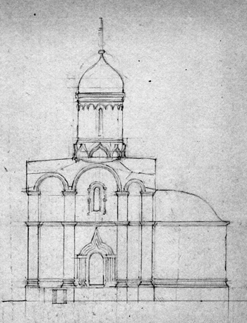 The Church of Archangel Michael in Sinkova. South facade. Sketch of reconstruction Kavelmahera.