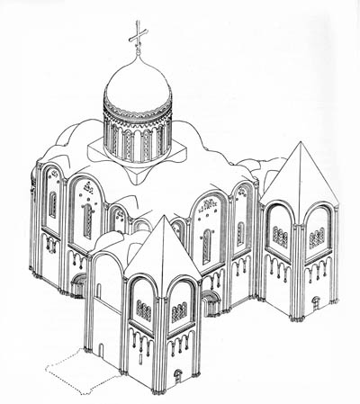 The Cathedral of the assumption of 1158-1160. Reconstruction Voronin. Axonometric view.