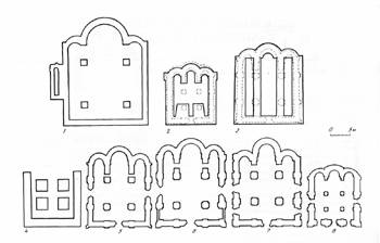 Fig. 14. Plans of Galician and Suzdal churches (by O.M. Ioannisian):
1  Church of St. John in Przemysl;
2  Church in Zvenigorod Galitsky;
3  Church of Our Saviour in Galich;
4  Church in "Tsvintariski";
5  Our Saviour Transfiguration Cathedral in Pereslavl;
6  Church of Boris and Gleb in Kideksha;
7  St. George Church in Vladimir; 
8  Church of Deposition of the Robe on Golden Gate in Vladimir. 
