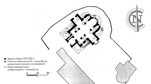 Combined plans for Monomakhs cathedral and the temple of 1222-1225 (by P.L. Zykov).