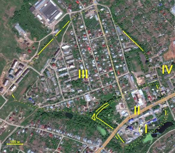 Map of the fortifications of the pre-Mongol Bogolyubovo.
Roman numerals on the map:
I  white-stone Palace-temple complex of Andrei Bogolyubsky ("lock");
II  part of the city with white stone and earthen fortifications (the citadel);
III  part of the city with wooden-earth fortifications (fortified Posad);
IV  bargaining.
Solid lines are preserved fortifications dotted line  reconstructed.
