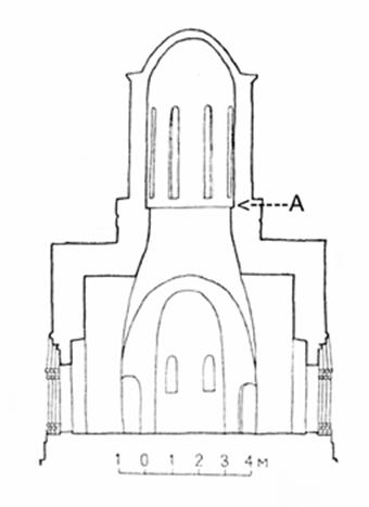 The section of the St. Nicholas Church in Kamenskoye. The letter "a" marked by a characteristic ledge under the drum on which to build platforms for archers.