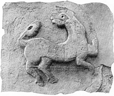 Retouched image zoomorphic relief on "Gorodische" Church, given N.N. Voronin.