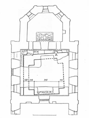 The excavation BL Altshuller and MH aleshkovskii in the Cathedral Bobreneva monastery. The letter "a" denotes the researchers discovered junction rubble Foundation apses.
