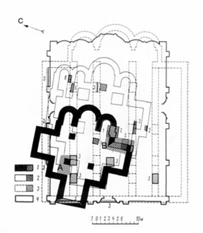The plans of Moscow temples that were on the site of the assumption Cathedral Fioravanti 
(Whitegrove):
- "temple of XIII century" (actually the Cathedral 1326-1327 years). Solid color black;
"1326-1327 years" (incorrectly reconstructed V. Fedorov). Thin contour;
- Cathedral 1472-1474 years. A dotted outline;
- Cathedral 1475-1479 years. Bold outline.
Numbers and shading Ref%