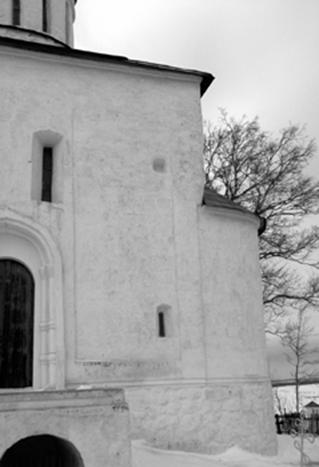 The South-Eastern corner of the Church of the Nativity of the virgin in Gorodnya. Well seen sloppy construction of the temple.